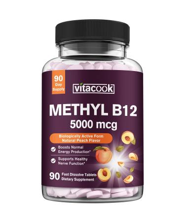 Vitacook Vitamin B12 Methylcobalamin 5000mcg for Energy Production Energy Nerve & Cell Support Natural Peach Flavor Vegan Zero Sugar 90 Fast Dissolve Tablets