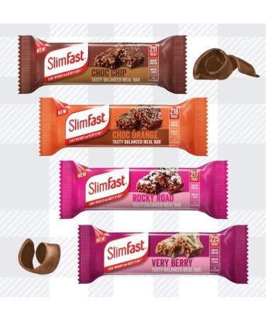 AETN Creations Slim Fast Meal Replacement Bars Bundle 4x60g | High Protein | Choc Chip, Choc Orange, Rocky Road, Very Berry | With Weight Loss Planner & Fridge Magnet - Buy Online on GoSupps.com