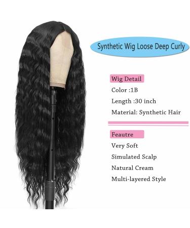 Synthetic Curly Lace Front Wig | Long Deep Wave Crimped Hair | Fake Scalp + Natural Curls | Middle Part | 1B Color - Buy Online on GoSupps.com