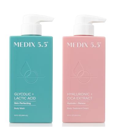 Medix 5.5 Exfoliating AHA Glycolic Acid Face & Body Scrub Cleanser + Hyaluronic Acid Moisturizing Body Cream Lotion Skin Care 2PC Set | Alpha Hydroxy Acid & Lactic Acid Foaming Body Wash & Face Wash