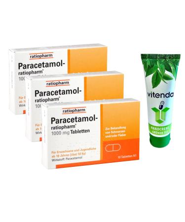 Paracetamol ratiopharm 1000 mg tablets 3x10 pieces including a hand cream from Vitend - the well -tolerated classic helps against pain and fever - Buy Online on GoSupps.com