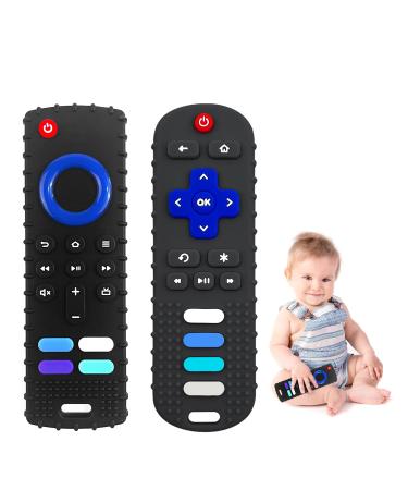 ROBBEAR Baby Teething Toys  Food Grade Silicone Teethers for Babies 3 6 12 18 Months  Fire TV Remote Shape Infant Chew Toys for Boys and Girls  Freezer BPA Free (Black+Black)