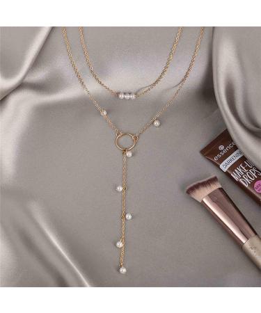 Boho Circle Pearl Lariat Necklace | Gold Long Chain & Tiny Pearl Choker | Unique Jewelry Gifts for Women & Girls - Buy Online on GoSupps.com