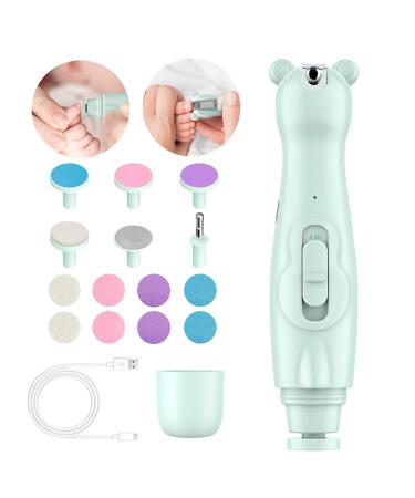 Lupantte Baby Nail Trimmer Electric Nail File with Light 2 in 1 Nail Clippers for Baby, 14 Replacement Grinding Heads Trim Polish Grooming Kit for Newborn & Adult Light Green