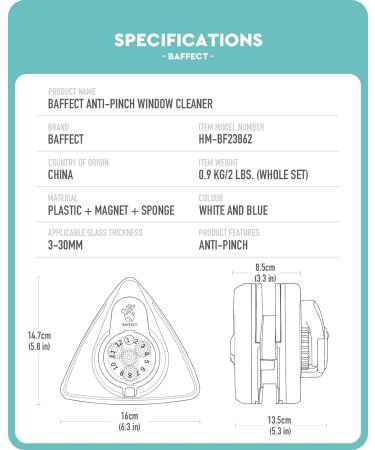 Baffect Anti-Pinch Double-sided Window Cleaner for Single & Double Glass Windows (3-30 mm) - Magnetic, Adjustable with Easy-grip Handle - Buy Online on GoSupps.com