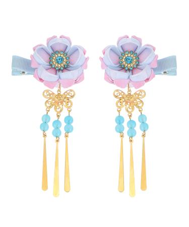 Minkissy) Hair Clip 1 Pair Japanese Style Hair Clips Tassel Flower Kimono Traditional Hairpins Barrette Hair Clamp Bride Hanfu Accessory for Womens Girls (Blue Japanese