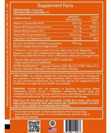RG Life & Nutrition La Formula RG Pills - Weight Loss & Energy Booster with L-Carnitine, L-Theanine, Vitamin B12 - Metabolism Booster & Appetite Suppressant - 120 Capsules - Buy Online on GoSupps.com
