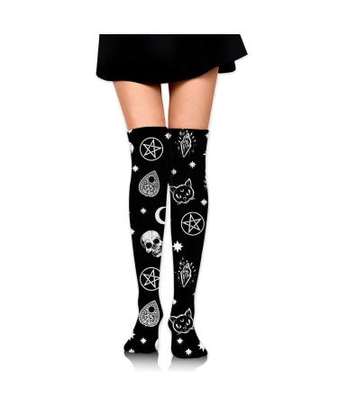 Hiexotic stockings Breathable Extra Long Cotton Mid Thigh High Skull Cat Moon Gothic Pattern Black Exotic Print Compression High Tube Thigh Boot Stockings Knee High Women Girl