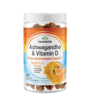 Swanson Ashwagandha Gummies with Vitamin D - All Natural Supplement Promoting A Calm & Relaxed Mindset - Helps to Support Stress Reactions & Immune Health - (Passion Fruit-Orange 60 Gummies) 60 Count (Pack of 1)