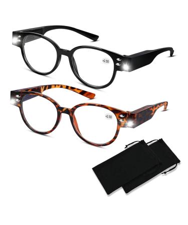 Bright LED Readers with Lights Reading Glasses with Light Magnifying Glasses Lighted Reading Glasses Blue Light Blocking Eyeglasses for Women Men Lighted Magnifier Nighttime LED Reading Glasses+250