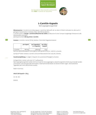 Sanct Bernhard L-Carnitine 300 mg Capsules | 180 Count - Boost Fat Metabolism & Enhance Energy | International Shipping Available - Buy Online on GoSupps.com