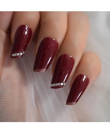 Burgundy Galaxy Glitter Shiny Medium Length Fake Nails Set - 24 Rhinestone DIY Nail Art Tips - Buy Online on GoSupps.com