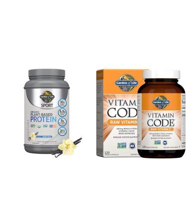 Garden of Life Organic Vegan Sport Protein Powder Vanilla 30g - Probiotics BCAAs for Post Workout Recovery 19 Servings + Raw Vitamin Code Vitamin C 120 Veg Capsules