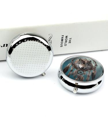 3D Wolf Dream Catcher Round Pill Box - Portable 3 Compartment Medicine Organizer | Decorative Metal Pocket Pill Case - Buy Online on GoSupps.com