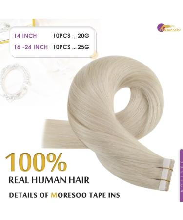 Buy Moresoo Real Hair Tape-In Extensions - Platinum Blonde #60 45cm 10 Pieces 25g - Premium Remy Hair for Effortless Style - Buy Online on GoSupps.com