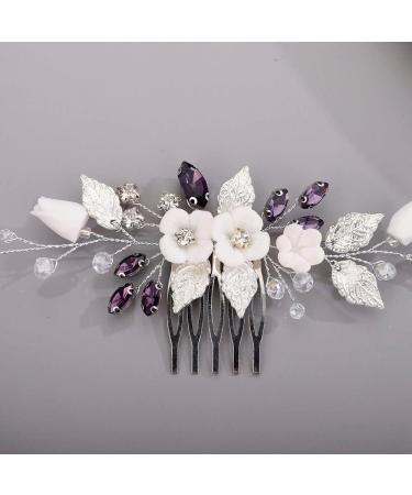 Chargances Wedding White Flower Hair Comb Bridal Rhinestone Leaf Crystal Hair Side Comb Purple Handmade Headpiece Hair Accessories for Women and Girls (Purple) - Buy Online on GoSupps.com