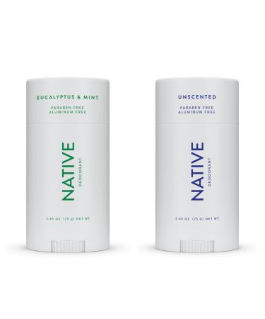 Native Deodorant | Natural Deodorant for Women and Men Aluminum Free with Baking Soda Probiotics Coconut Oil and Shea Butter | Eucalyptus & Mint and Unscented - Variety Pack of 2