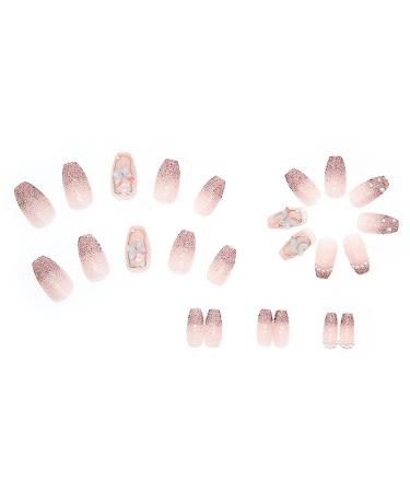 Stereoscopic Butterfly Press on Nails - White Pearl Glitter Gold Lines Medium Coffin Shape False Nails for Women - Buy Online on GoSupps.com