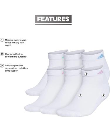 adidas Women's Athletic Cushioned 6-Pack Low Cut Socks - White/Sky Blue/Lilac Purple - Buy Online on GoSupps.com