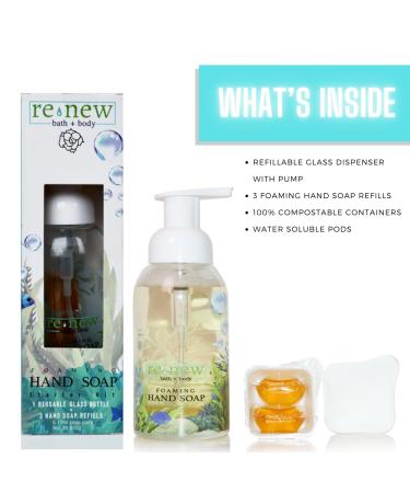 Renew Bath + Body Foaming Hand Soap Kit - Zero Waste Vegan Natural Soap with 3 Refills - Gardenia & Lemon Scent - Reusable Glass Bottle - Made in the USA - Buy Online on GoSupps.com