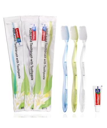 HQSLsund Disposable Toothbrushes with Toothpaste Individually Wrapped Manual Disposable Travel Toothbrush Set for Adults Kids Travel Toiletries 3 Colors 30 Pack