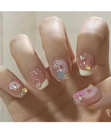 French Cute False Nails Extra Short Kids Stick on Nails with Mermaid Bubble Beads 24pcs Square Press On Nails with Glue Sweet Colour Design Funny Fake Nails for Women Girls (Sweet Heart) - Buy Online on GoSupps.com