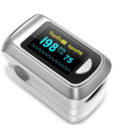 Fingertip Pulse Oximeter Blood Oxygen Monitor Finger For Adults & Children Heart Rate Monitor Fingertip and sp02 Oxygen Meter with Large OLED Display Included Batteries and Lanyard Gray