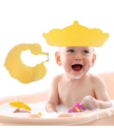 Baby Shower Cap Shield Waterproof Safety Soft Silicone Kids Bathing Shampoo Hat Adjustable Cute Crown Pattern Shower Cap for 0-9 Years Old Children Boys Girls Eye and Ear Protection (Yellow)