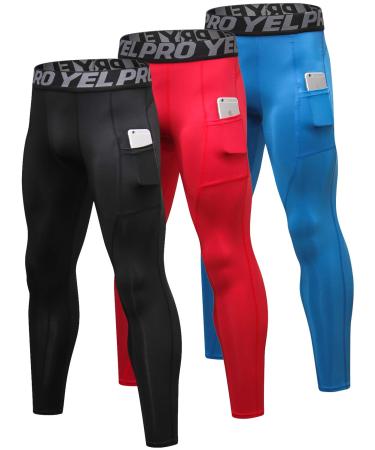 Yuerlian Mens Compression Pants Athletic Leggings with Pockets Running Baselayer Tights Cycling Workout Pants 1 or 3 Pack Pocket-black + Red + Blue Medium