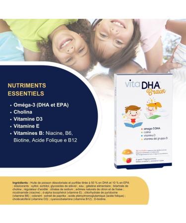 Vitadha Brain - 355 mg Om ga-3 - Pour les enfants - Saveur de fraises et de citron - Huile de poisson pure - Pour la vue m moire et cerveau - Certifi IFOS - Blister de 30 bonbons g lifi s - Buy Online on GoSupps.com
