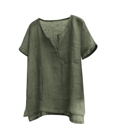 Womens Casual Breathable 3/4 Sleeve Cotton Linen Tops Loose Fit V Neck Summer Blouse Plus Size Beach Yoga Oversized T-Shirt E-army Green 3X-Large