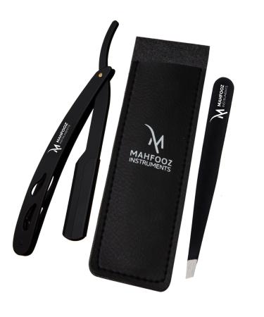 Men's Black Cut Throat Razor & Tweezers Set Of 2 Pieces Premium Quality Straight Edge Razor Moustache & Beard Shaving Razor Single Blade Razor Tweezers