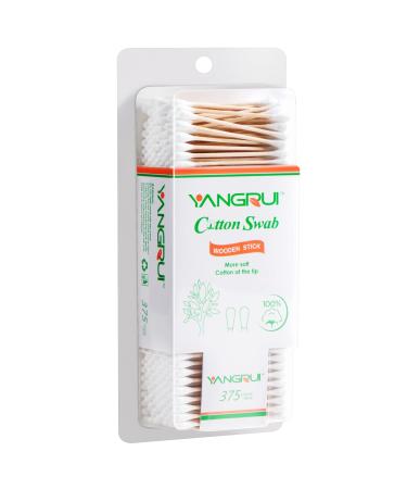 YANGRUI Cotton Swab 375 Count Wooden Stick BPA Free Naturally Pure Double Round Ear Swabs Eco-friendly Cotton Buds (Pack of 1)