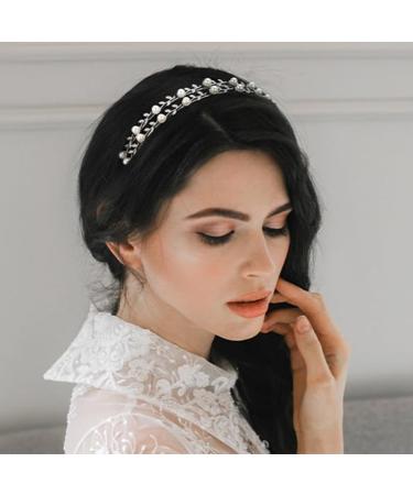 Double-layer Pearl Rhinestone Headband Bridal Wedding Metal Hair Band Shiny Rhinestone Hair Hoop Decorative Headpiece Hair Accessories Ornaments for Women Girls (Silver) - Buy Online on GoSupps.com