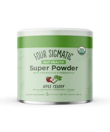 Four Sigmatic Gut Health Super Powder Organic Green Superfood Powder with Probiotics and Prebiotics | Organic Greens Powder Blend | Apple Celery Super Greens Powder Drink Mix (4.94 oz.) Gut Health w/ Apple Celery