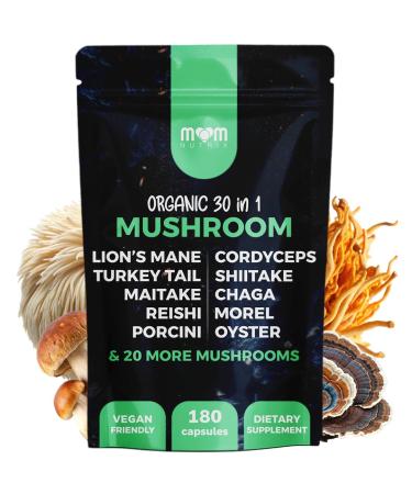 MOM NUTRIX 30 in 1 Ultimate Mushroom Supplement - 180 Mushroom Capsules Organic - Lion s Mane Cordyceps Chaga Reishi Turkey Tail Mitake Shiitake & More - Brain & Immune Support
