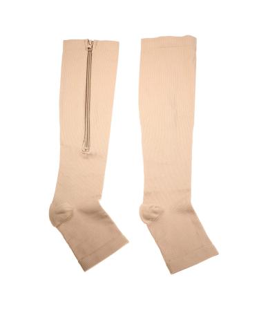 Zipper Compression Socks Calf Knee High Open Toe Compression Stocking Zippered Compression Socks with Zip Guard for Skin Protection for Women and Men Walking Running(Small-Medium-Skin color)
