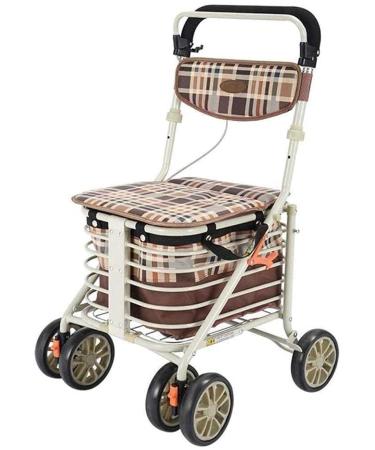 Multifunctional Elderly Walker The Elderly Can Push & Sit Lightweight Folding Spray-Painted Steel Shopping Cart with Duffel Bag and Decoration