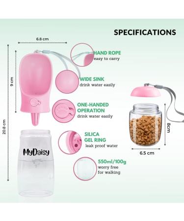 Mydaisy 550ml Dog Drinking Bottle with 100g Feed Container - Pink Spiral Travel Bottle for Dogs Puppies & Cats - Perfect Pet Accessory for On-the-Go - Buy Online on GoSupps.com