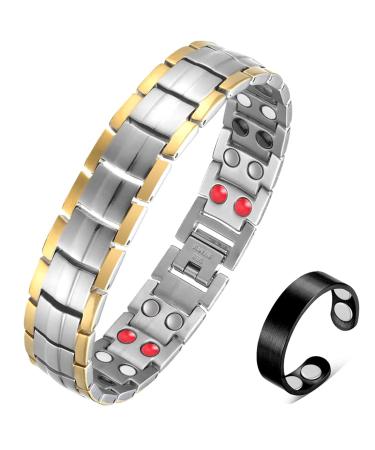 Vicmag Men Magnetic Bracelets Titanium Steel Magnet Bracelet Ultra Strength Double Row 3500 Gauss Wristband Brazaletes with Adjustment Tool & Jewelry Gift Box (Silver Gold 4 Elements)