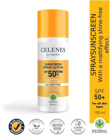 Celenes by Sweden Herbal Sun Protection Spray SPF50+ Organic and Mineral Protection for All Skin Types 150 ml Waterproof Parabens or Alcohol Free - Buy Online on GoSupps.com