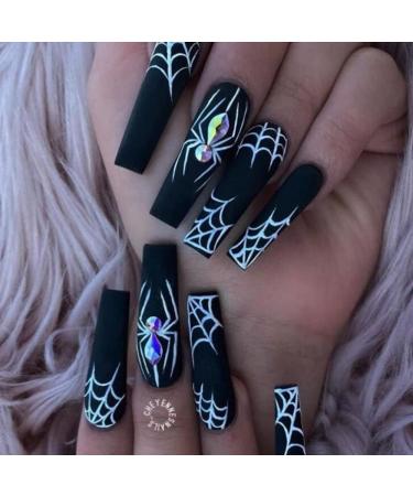 Halloween False Nails Dark Spider with Design Fake Nails Full Cover Long Nail Tips Press on Nails with Adhesive for Women and Girls