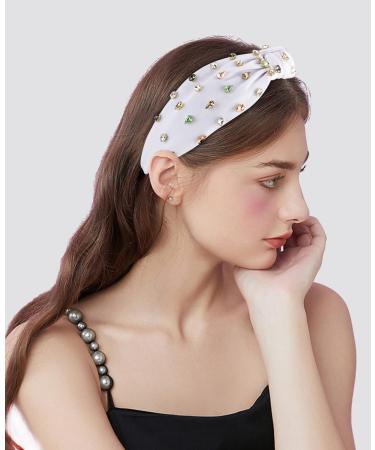 Wecoe White Rhinestone Top Knot Headband for Women - Non-Slip Wide Fashion Headband with Sparkly Jeweled Embellishments - Buy Online on GoSupps.com