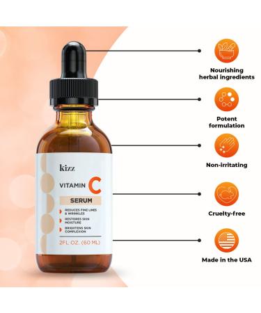 KIZZ Vitamin C Serum with Hyaluronic Acid, Vitamin E, Aloe & Jojoba Oil - Brightens and Moisturizes Skin, Reduces Fine Lines and Wrinkles - 2 fl. Oz - Buy Online on GoSupps.com