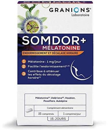 GRANIONS MELATONIN SOMDOR+ ADULT SLEEP - SLEEPING AND HOURLY OFFSET - Sleep and Relaxation - Melatonin 1mg - Valerian Hops Hawthorn Passionflower - 15 Tablets - Made in France