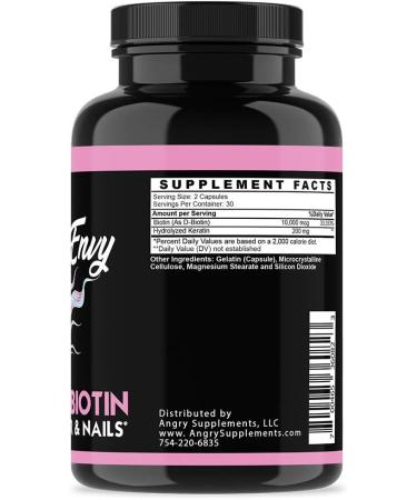 Angry Supplements Hair Envy - 10,000mcg Biotin & Keratin - Hair Growth, Nail Strengthening, Skin Nourishing - Natural Remedy for Damaged Hair - 3 Bottles - Buy Online on GoSupps.com