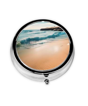 Beach Sceneryround Pill Box 3 Compartment Round Pill Box Organizer Portable Travel Pill Box for Traveling.