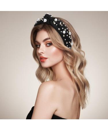 WantGor Pearl Knotted Headband Women Rhinestone Embellished Hairband Elegant Wide Top Knot Bride Headbands Headpieces Party Fashion Elegant Ladies Hair Band Hair Hoop Accessories (Black) - Buy Online on GoSupps.com