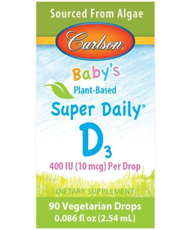 Carlson - Baby's Plant-Based Super Daily D3, Baby Vegetarian Liquid Vitamin D Drops, 400 IU (10 mcg) per Drop, Sourced from Algae, for Infants and Toddlers, Unflavored, 90 Drops (2.54 mL) - Buy Online on GoSupps.com