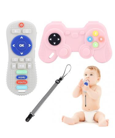 2 Pack Remote Teether for Baby 6-12 Months Baby Remote Control Toy Teething Remote Control for Baby Silicone Baby Controller Toy Game Controller Baby Chew Toys for Babies Toddler Kids Boys Girls PInk+Grey